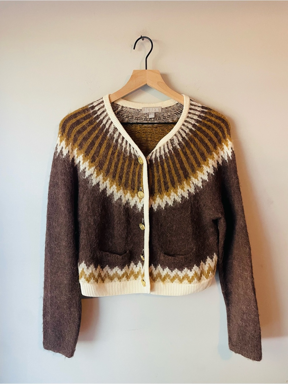 J. Crew Brown & Mustard Fair Isle Wool Cardigan